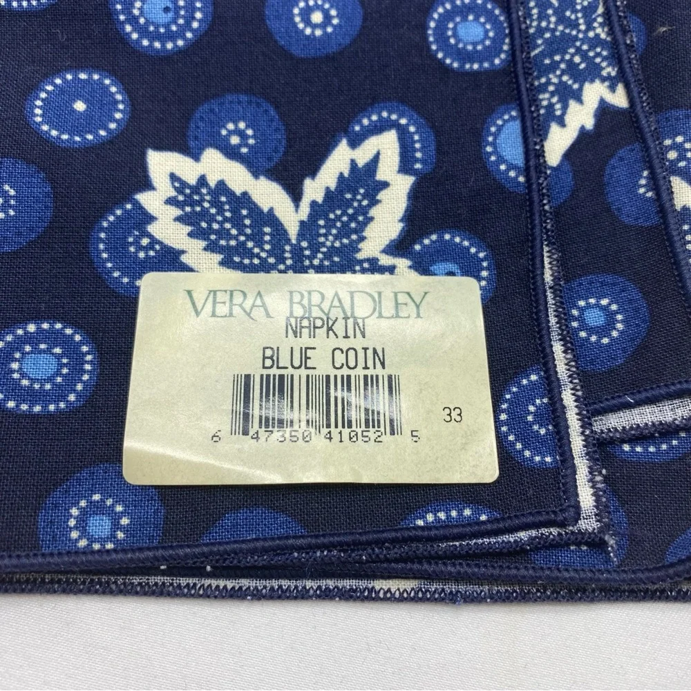 Vintage Vera Bradley Blue Coin Leaf Print Fabric Napkins Set of 4 New